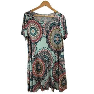 The‎ Blue Briar Boutique Colorful Boho Paisley Stretch T Shirt Sun Dress 1X